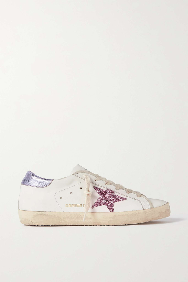 Superstar glittered distressed snake-effect trimmed leather sneakers 1