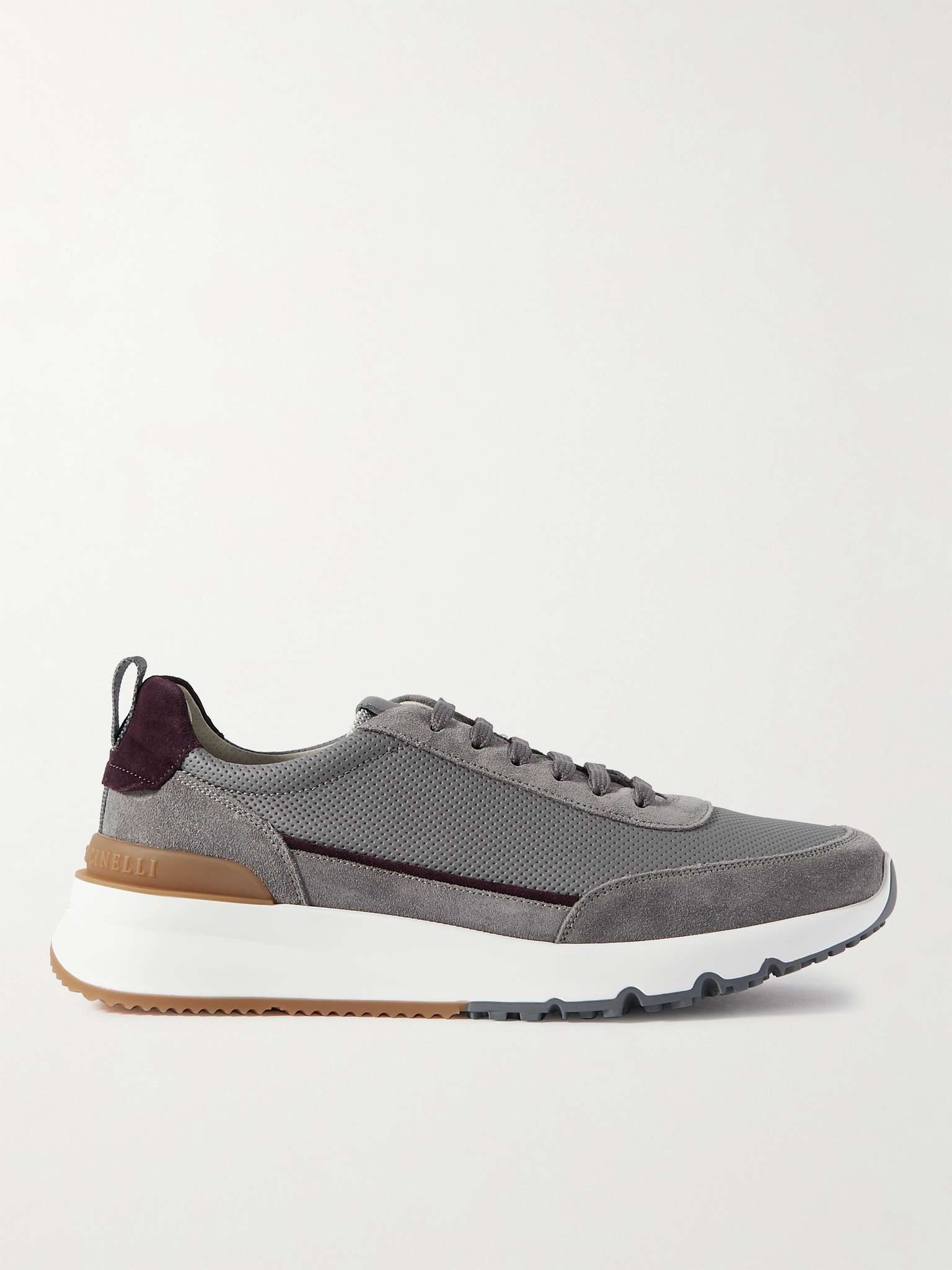 Perforated Leather and Suede Sneakers - 1