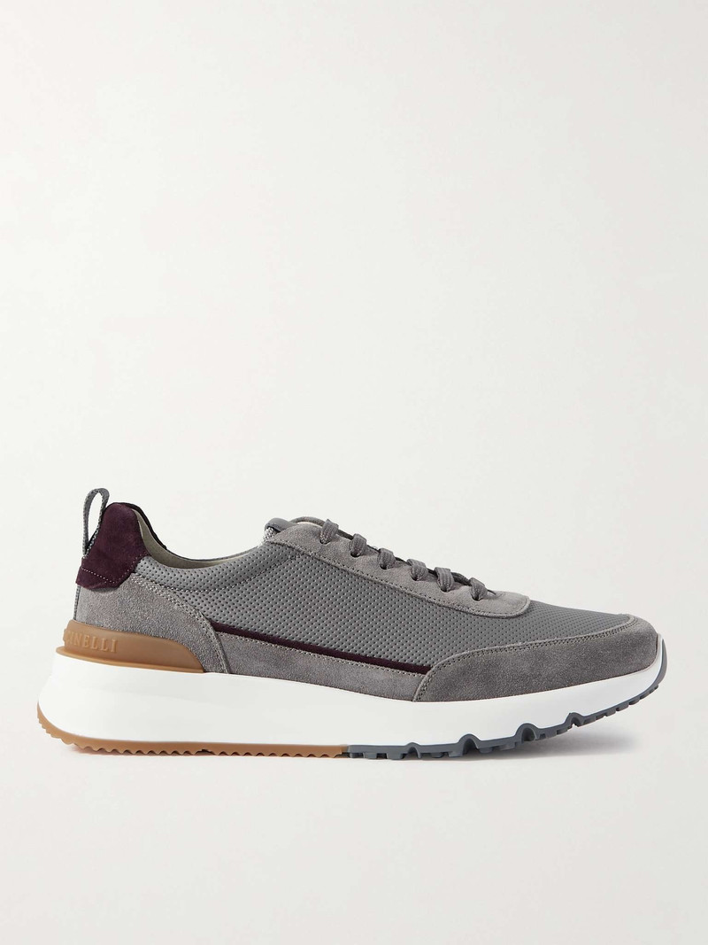 Perforated Leather and Suede Sneakers 1