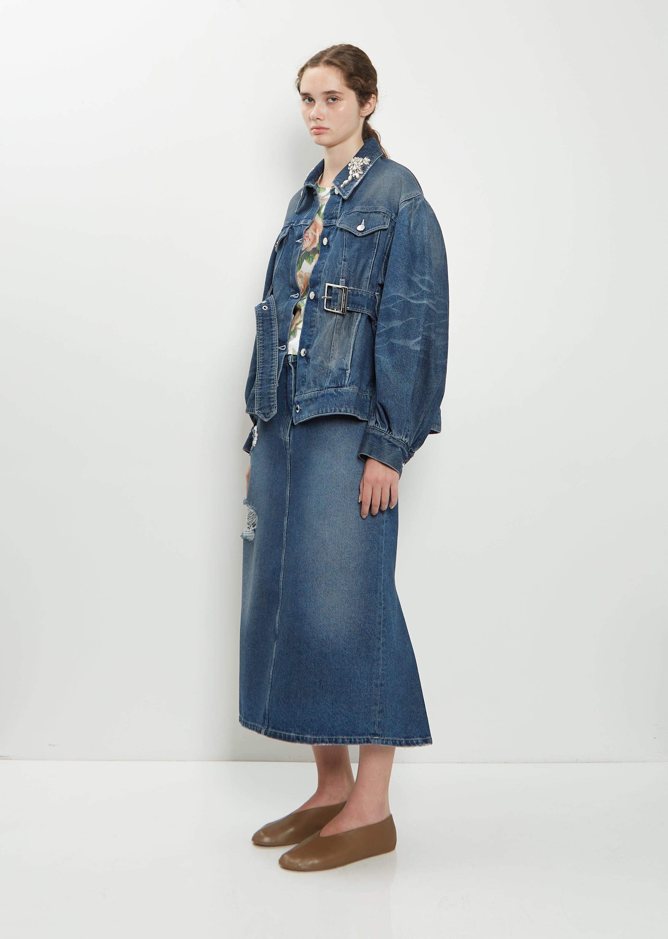 Embellished Belt Detail Sculpted Denim Jacket - 4