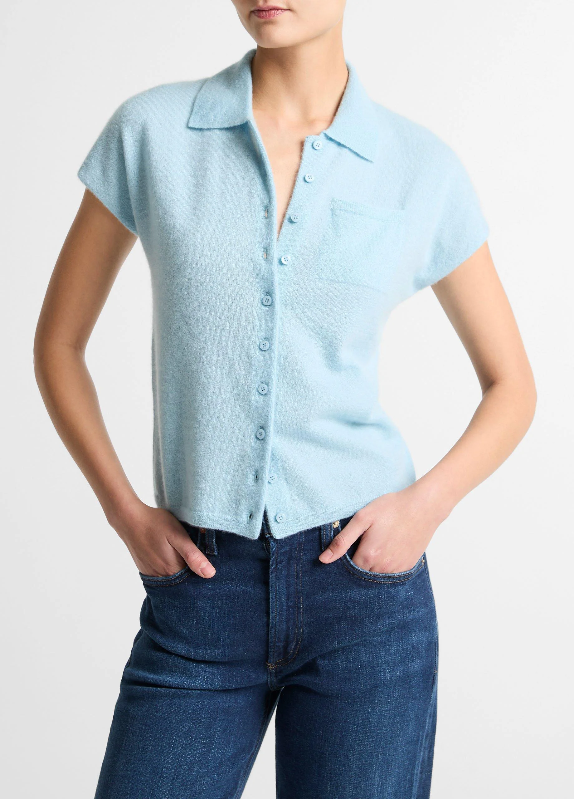 Cashmere-Silk Short-Sleeve Polo Sweater - 1
