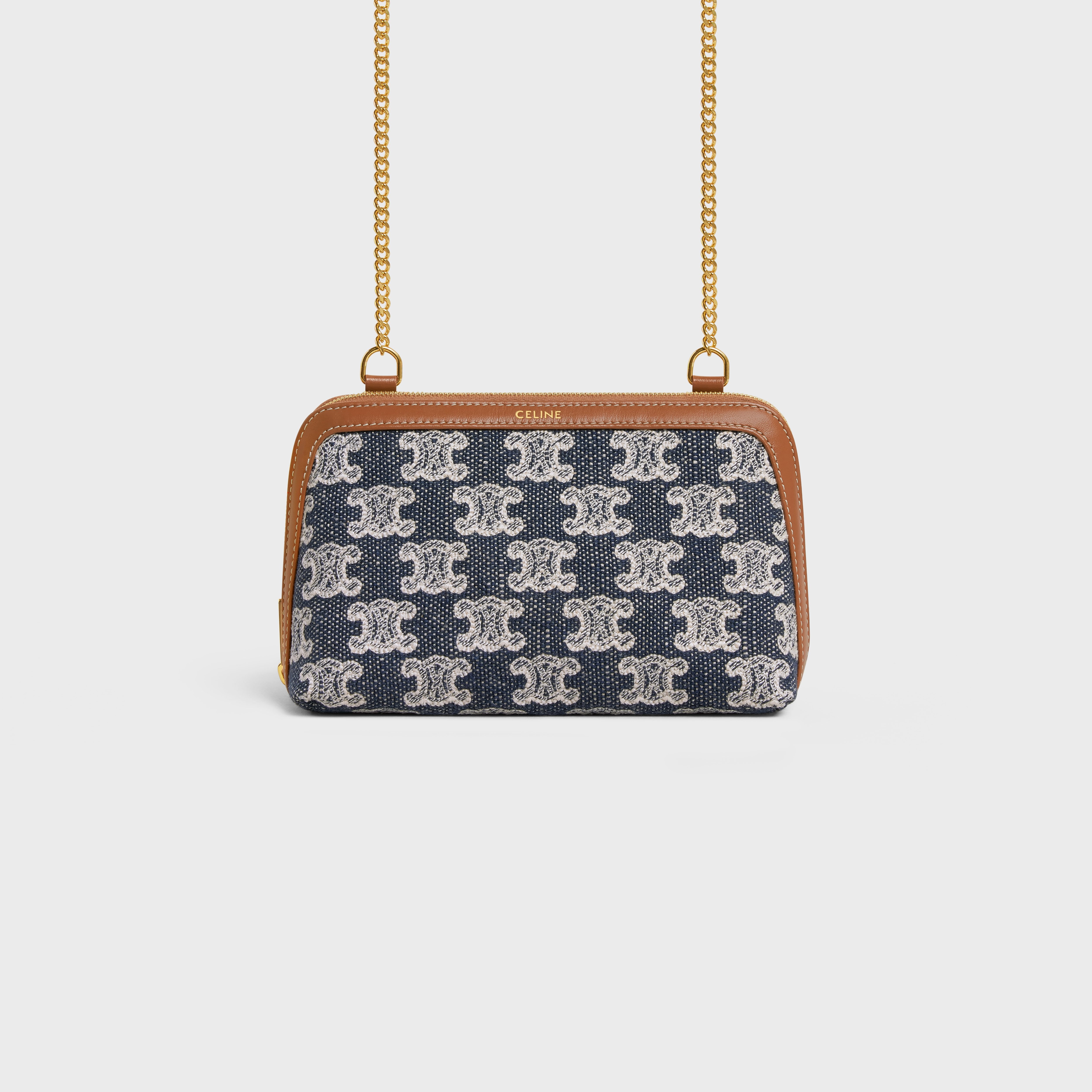 Clutch with Chain in Textile with Triomphe Embroidery - 1