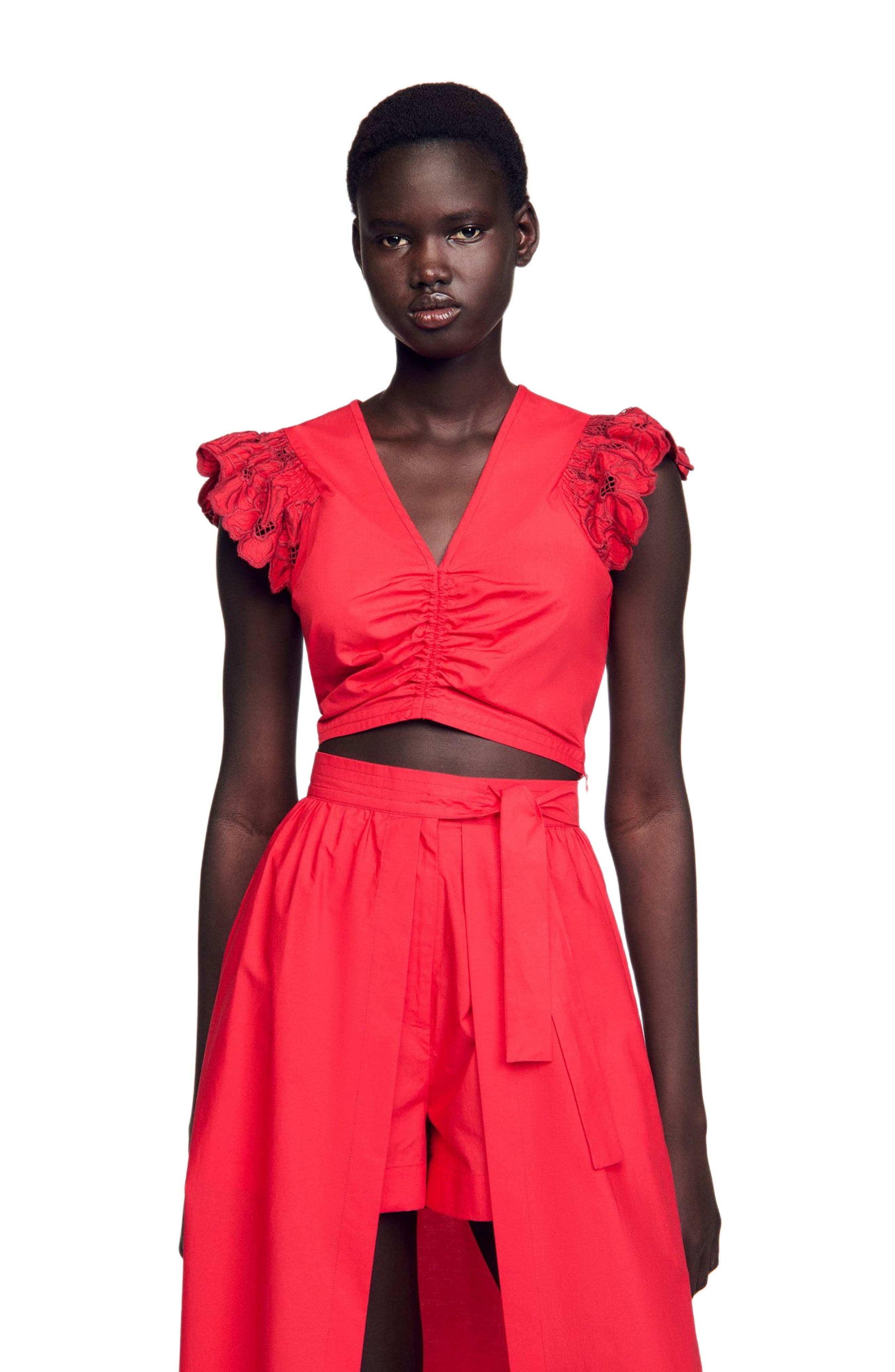 SANDRO Crop top with embroidered sleeves at Nordstrom - 4