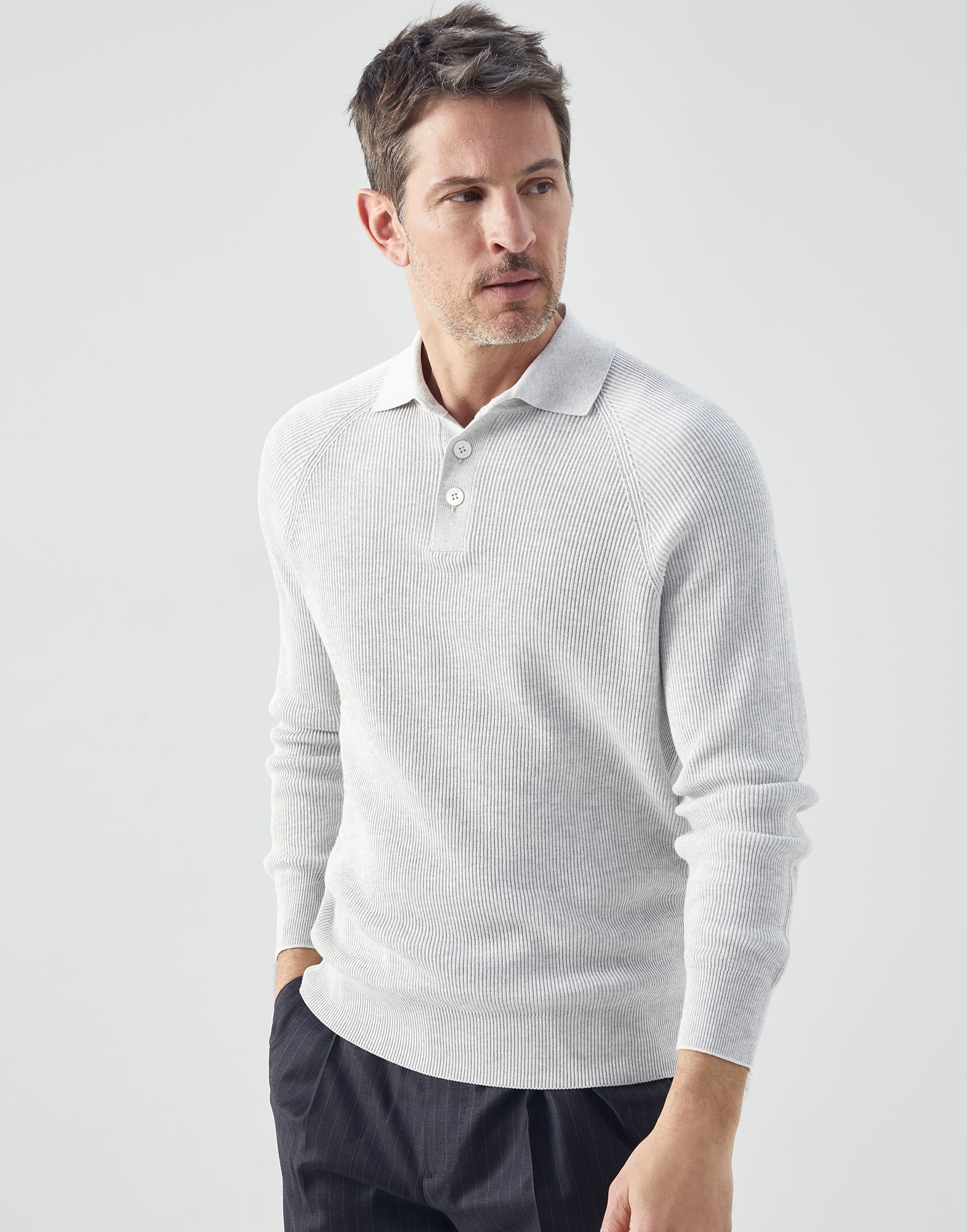 Cotton English rib polo-style sweater with raglan sleeves - 1