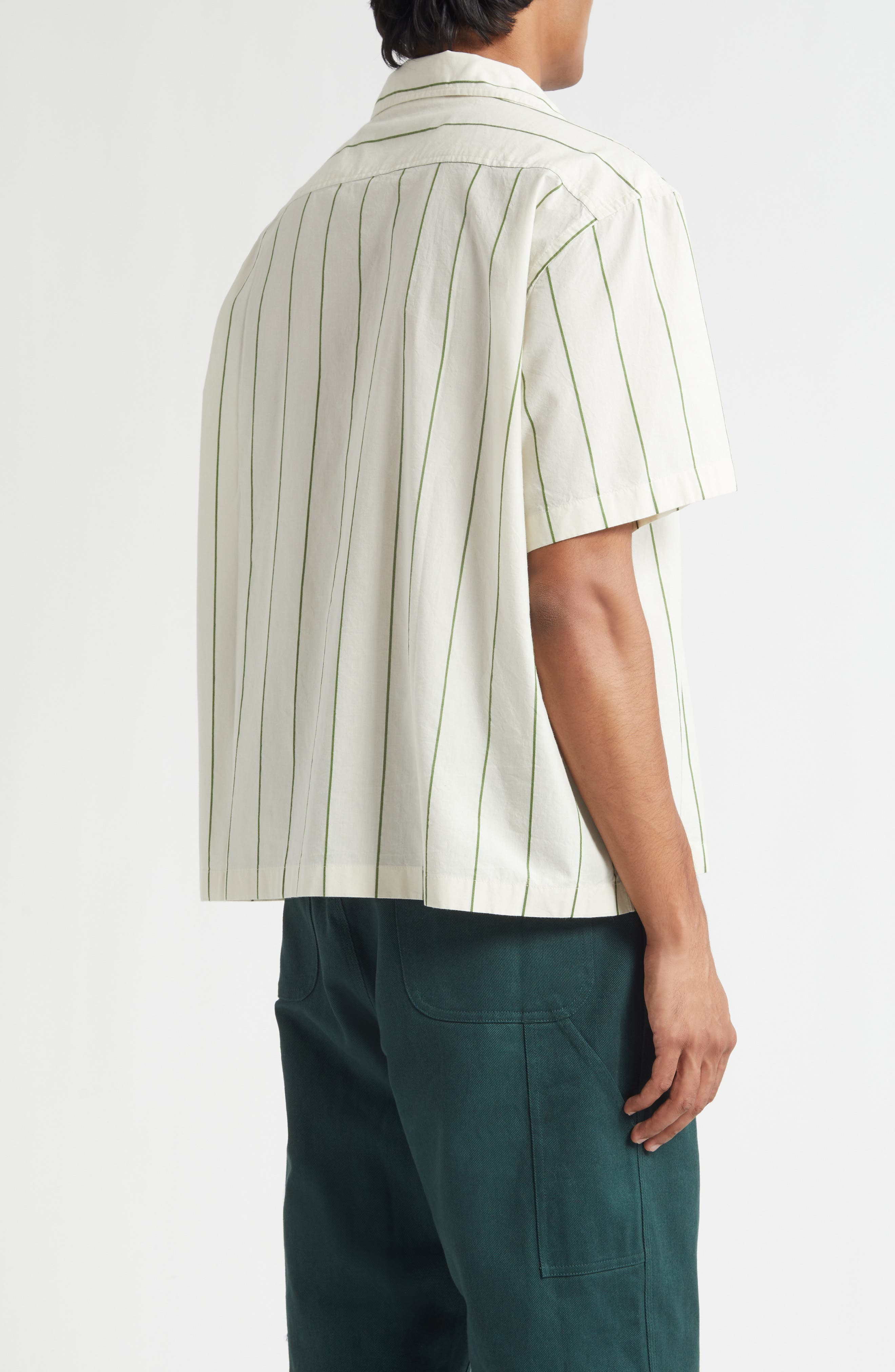 Bode Celery Stripe Short Sleeve Cotton Button-Up Shirt in Green Cream at Nordstrom - 2