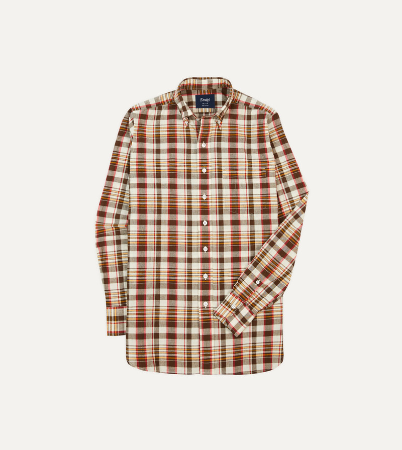 Brown and Red Madras Check Cotton Button-Down Shirt 1