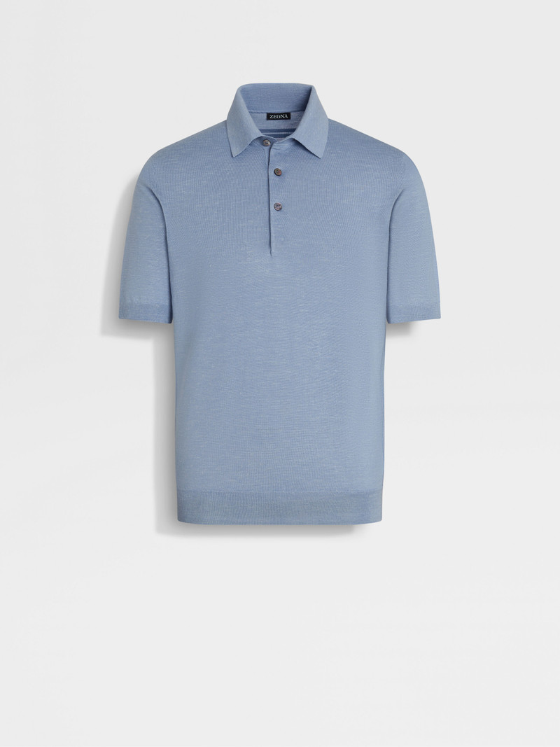 LIGHT BLUE MÉLANGE SILK CASHMERE AND LINEN POLO SHIRT 1