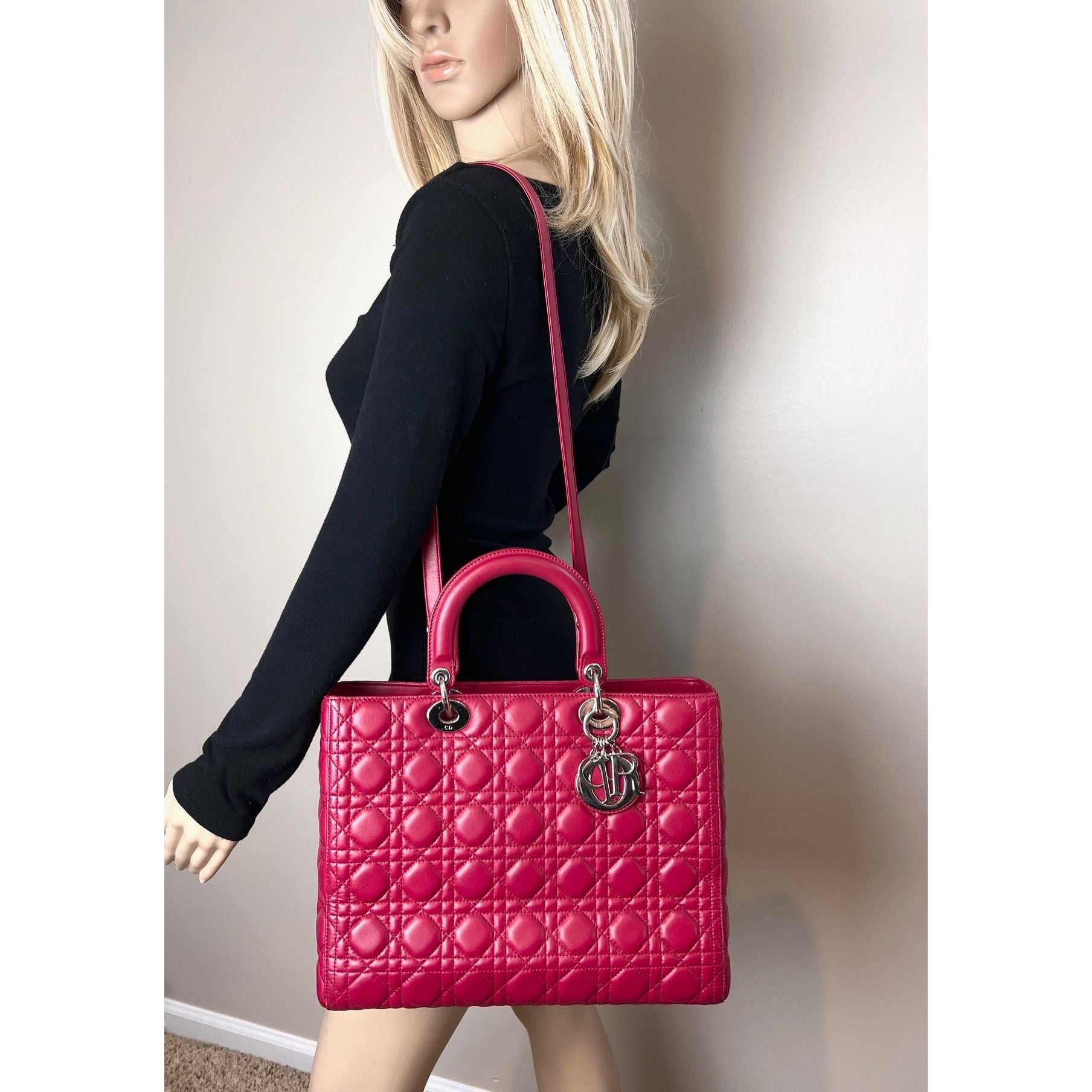 Christian Dior Lambskin Cannage Large Red Lady Dior Shoulder Bag - 11