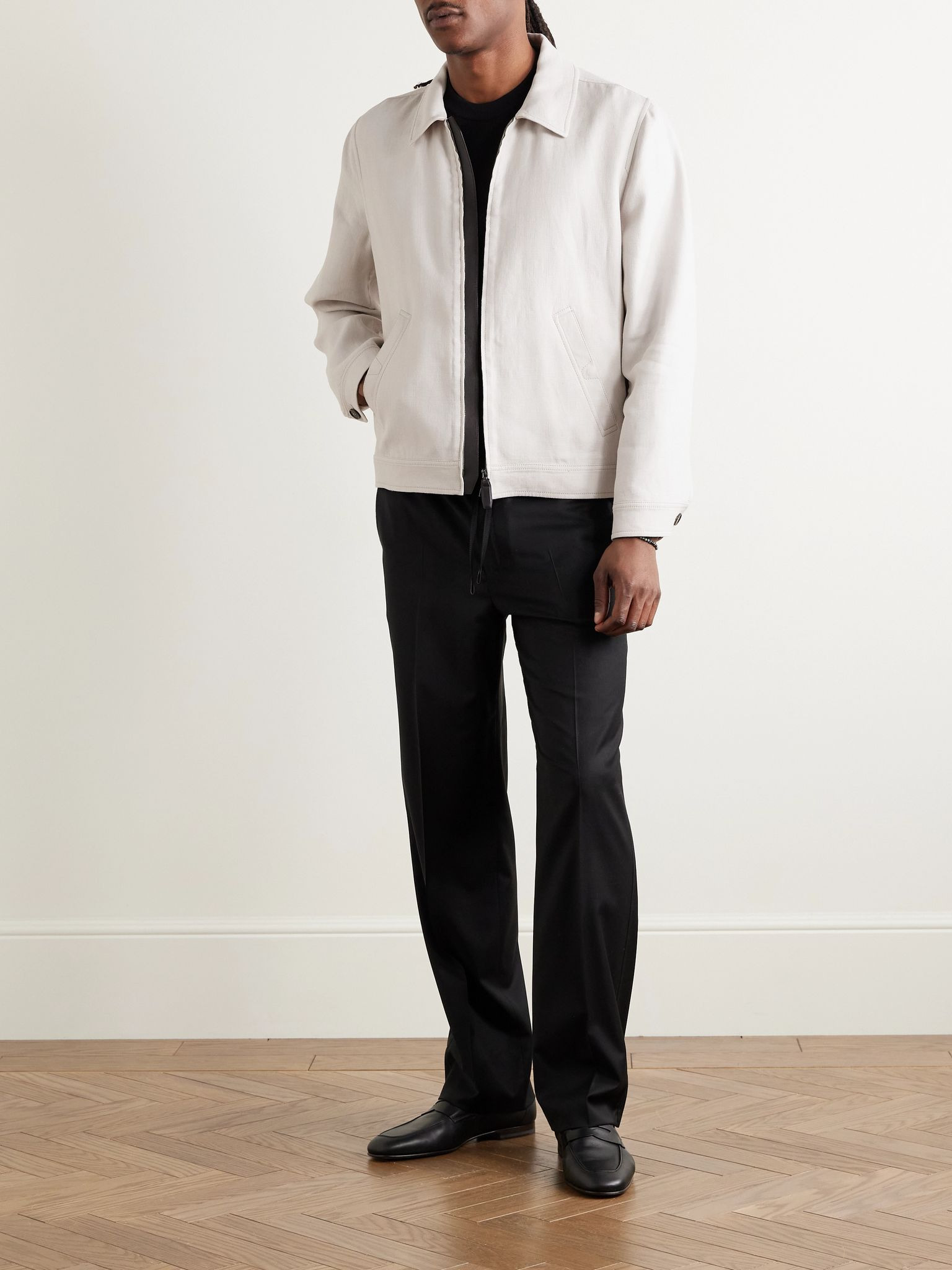 Leather-Trimmed Linen-Blend Bomber Jacket Beige - 2