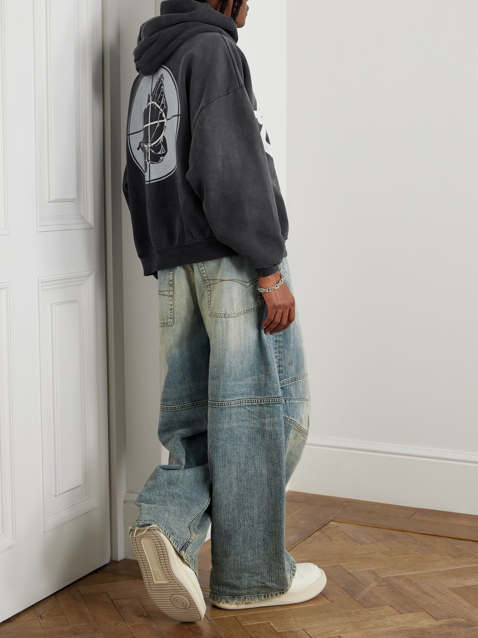 + Fear of God Distressed Logo-Print Cotton-Jersey Hoodie Black - 2