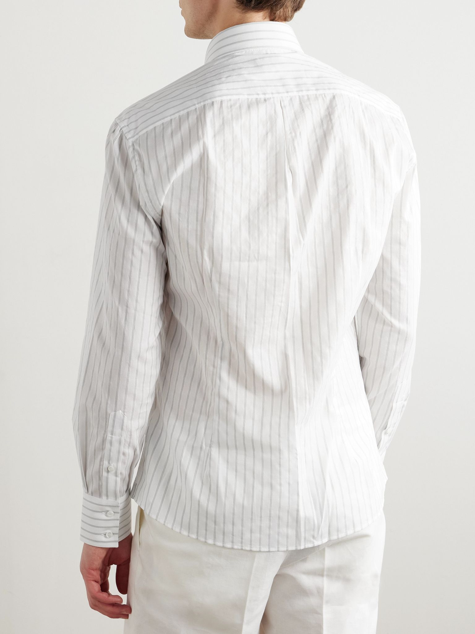 Button-Down Collar Striped Cotton Shirt White - 4