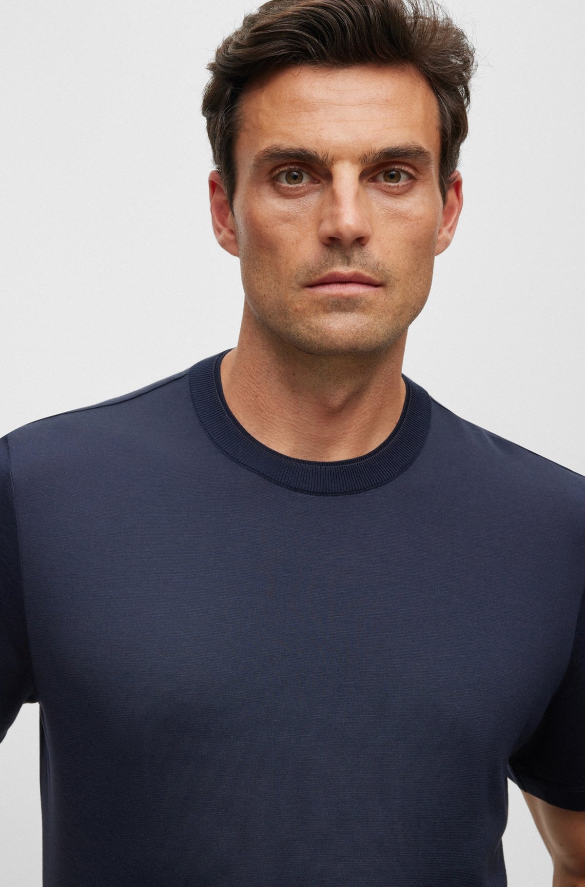 COTTON-SILK T-SHIRT WITH FINELINE STRIPES AND DOUBLE COLLAR - 3