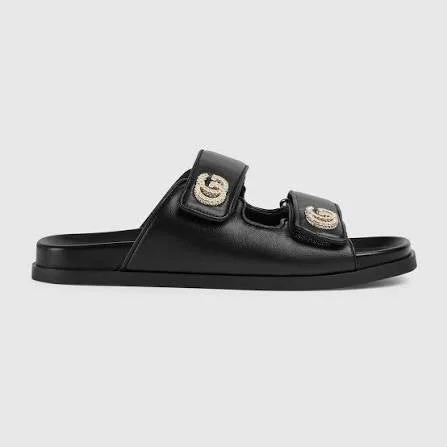 Gucci Crystal Double G Leather Sandals - 1