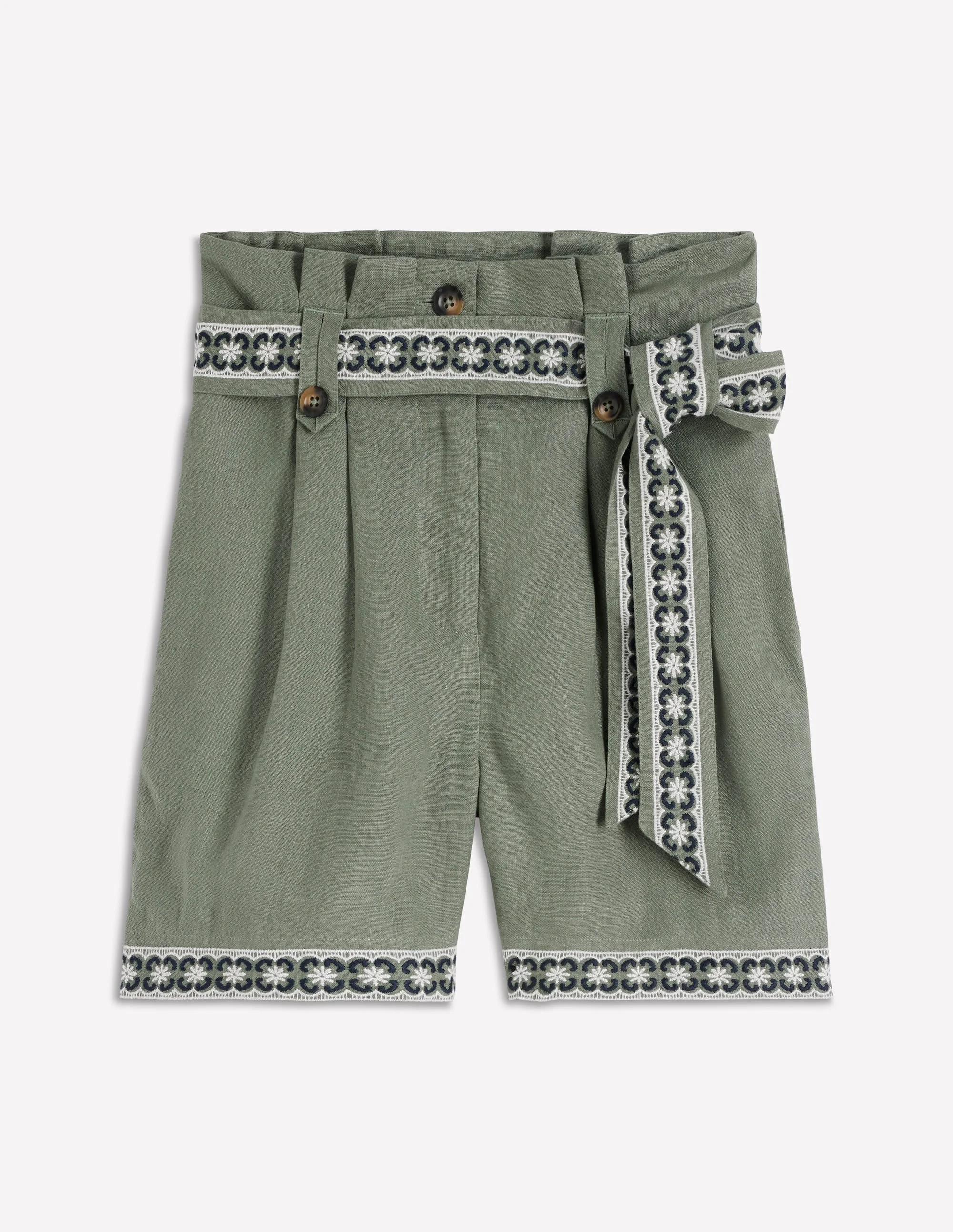 Paperbag Linen Belted Shorts-Agave Green Embroidery - 1