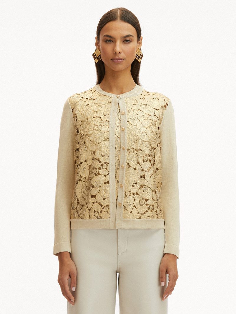 Oscar de la Renta GOLD FOIL ENGLISH ROSE INSET CARDIGAN outlook