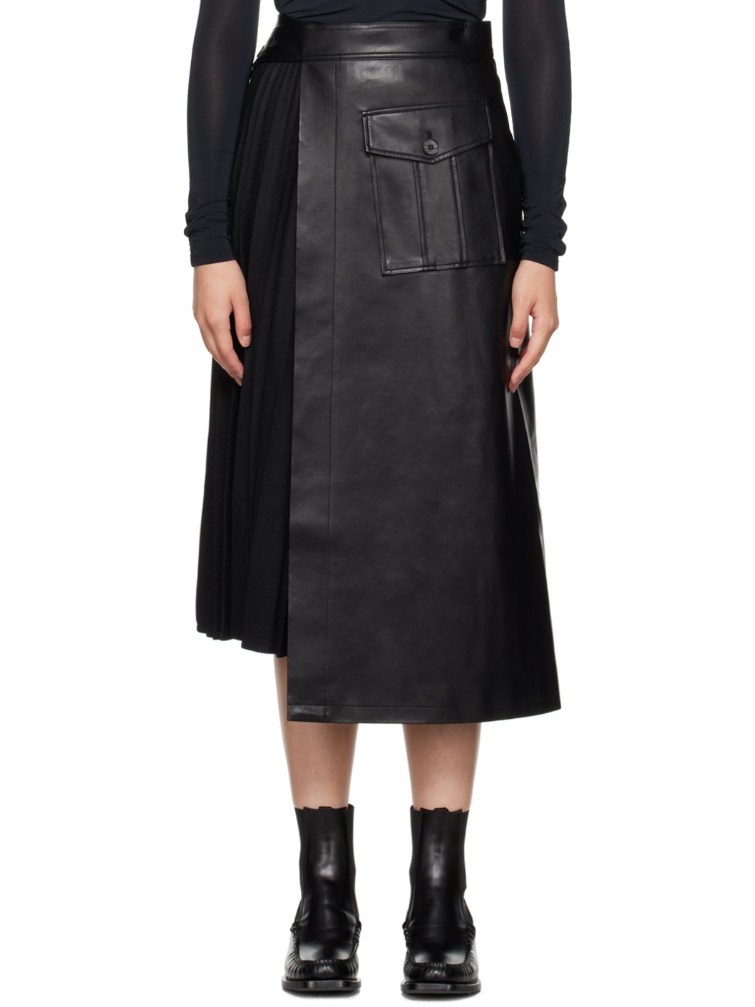 Black Pleated Faux-Leather Midi Skirt - 1