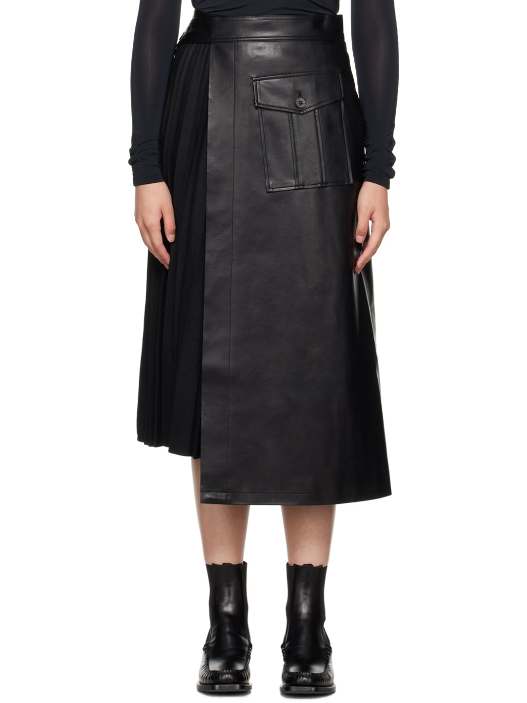 LVIR Black Pleated Faux-Leather Midi Skirt | REVERSIBLE