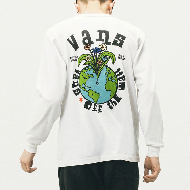 Men's Vans Earth Pattern Printing Round Neck Long Sleeves White T-Shirt VN0A5E870VW - 4
