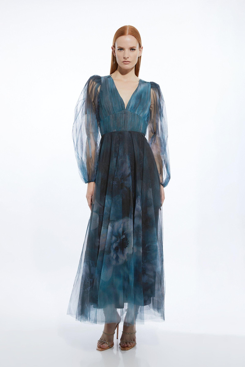 Blurred Floral Tulle Plunge Maxi Dress 1