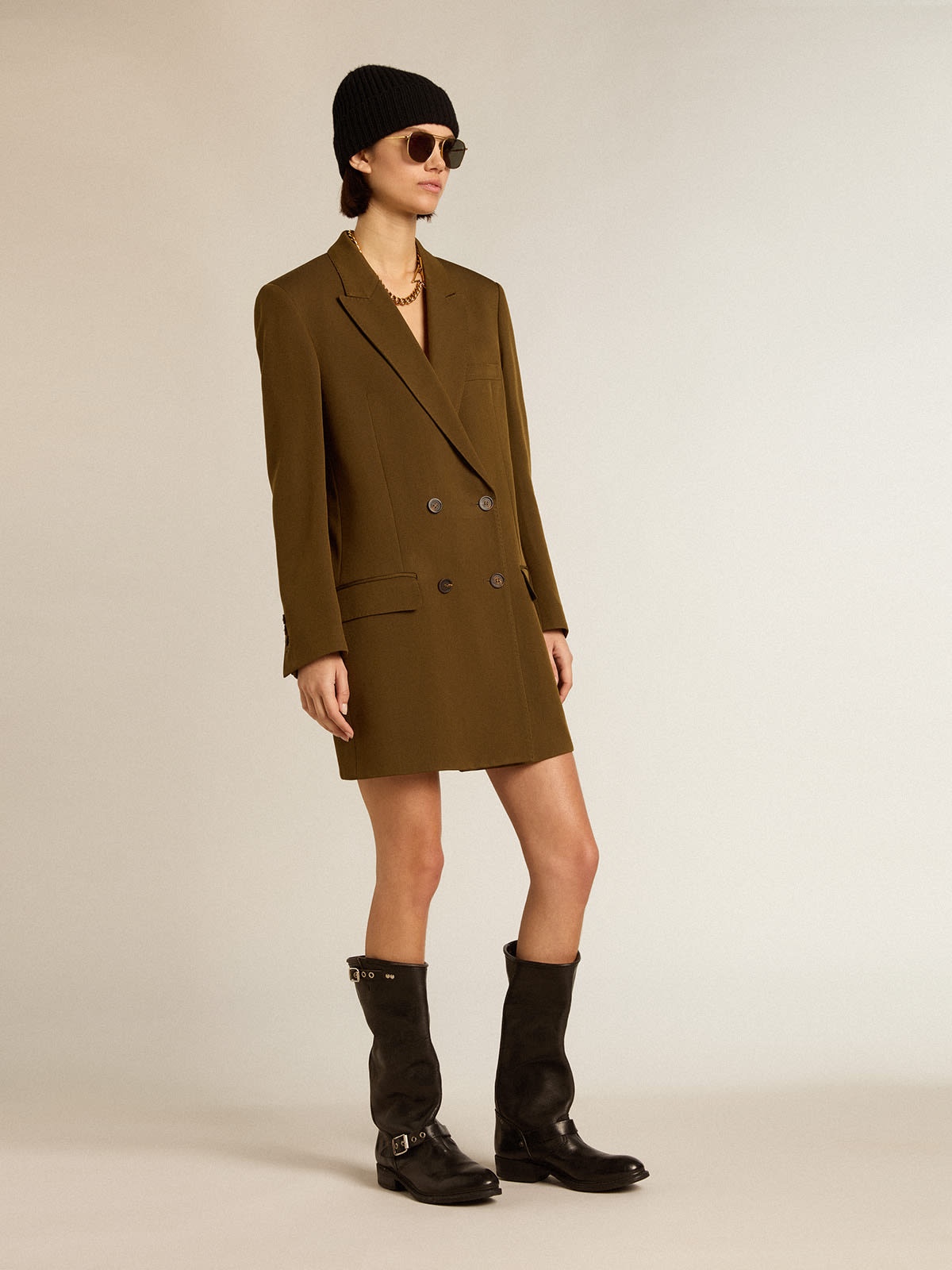 Short dress in beech-colored wool with horn buttons - 3