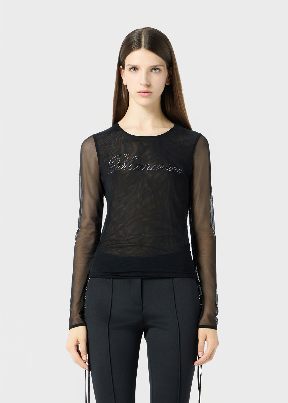 STRETCH TULLE TOP WITH BLUMARINE LOGO IN RHINESTONES - 3