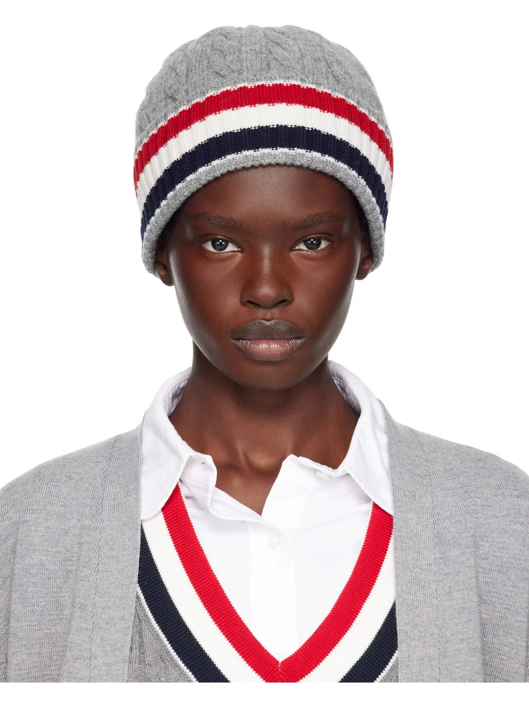 Gray Cable & Rib Merino Wool RWB Stripe Beanie - 1