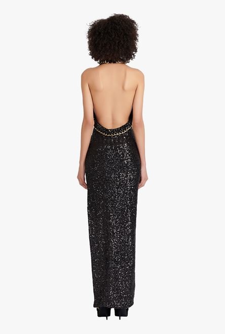 Long black and gold sequined embroidered dress - 3