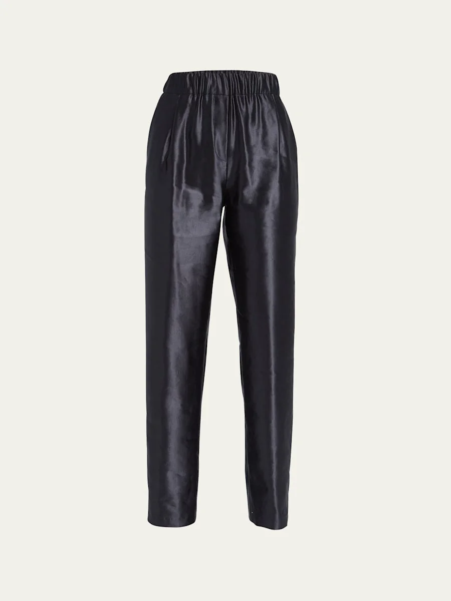 Metallic Linen-Silk Straight-Leg Pull-On Trousers - 1
