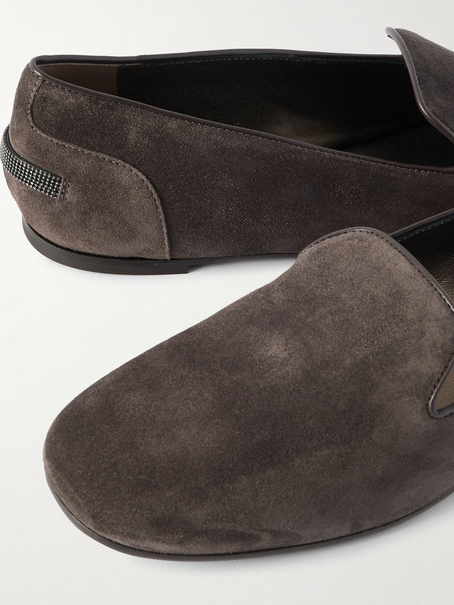 Bead-embellished leather-trimmed suede ballet flats Dark brown - 4