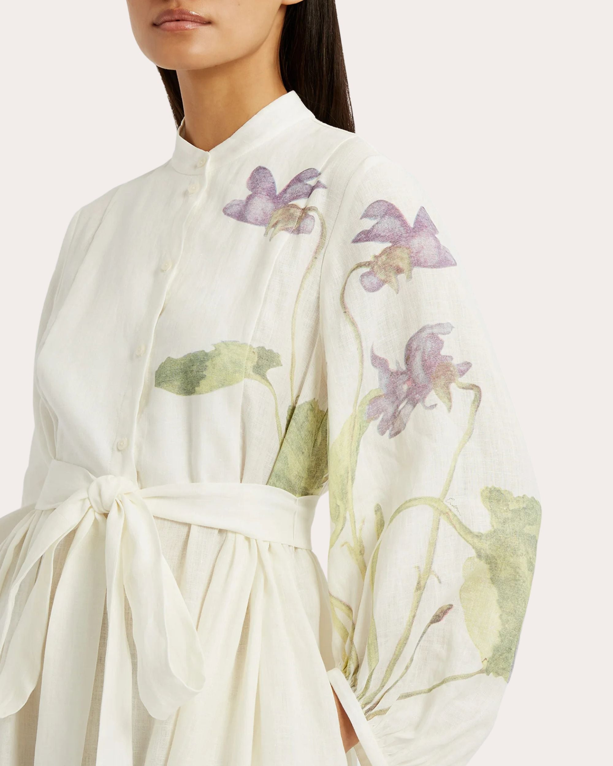 Floral Print Side Tie Linen Midi Dress - 5