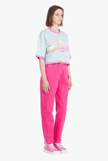 Balmain x Barbie - Blue eco-designed cotton cropped T-shirt with pink Balmain logo print - 7