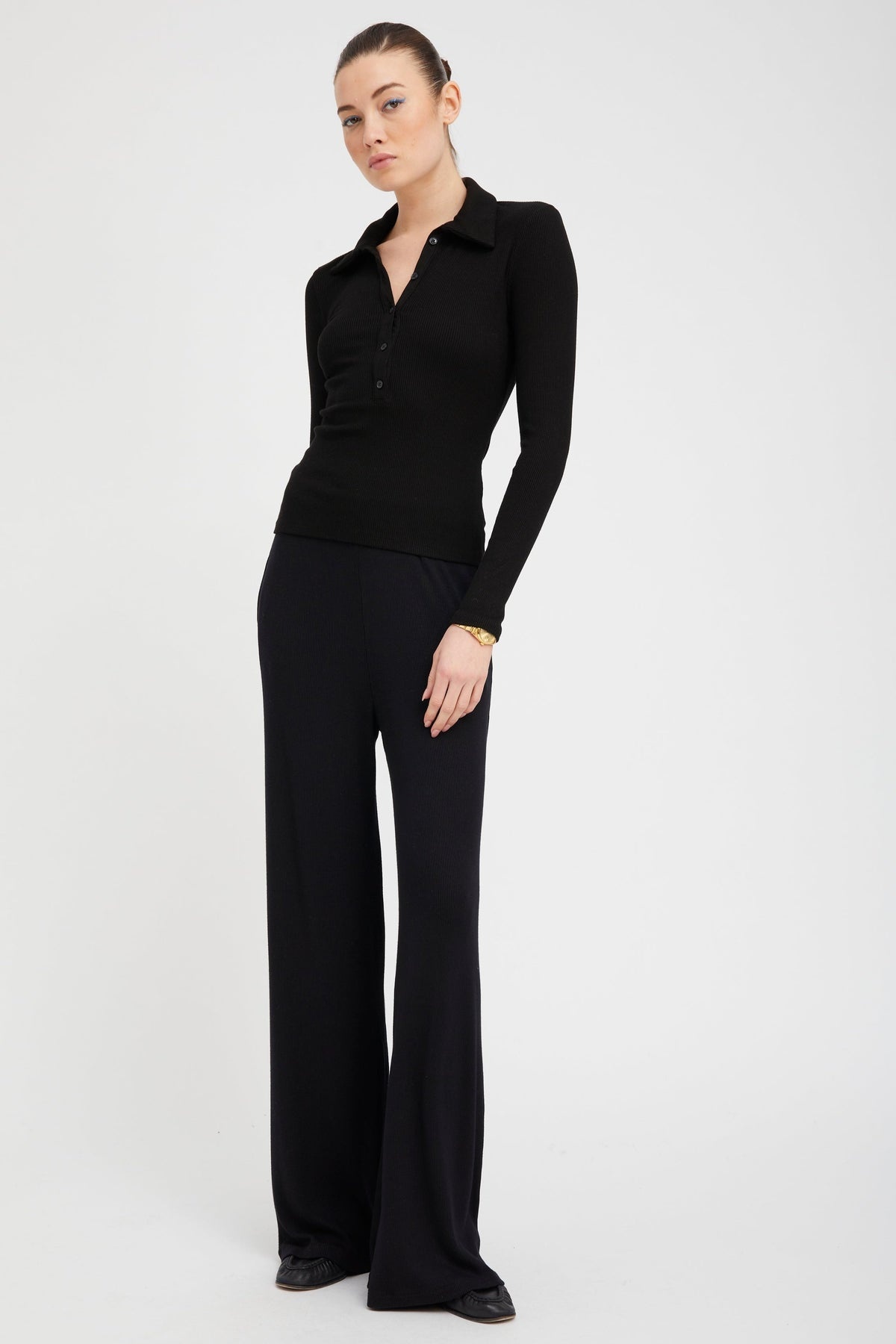 BLACK RIB LONG SLEEVE POLO TOP - 2