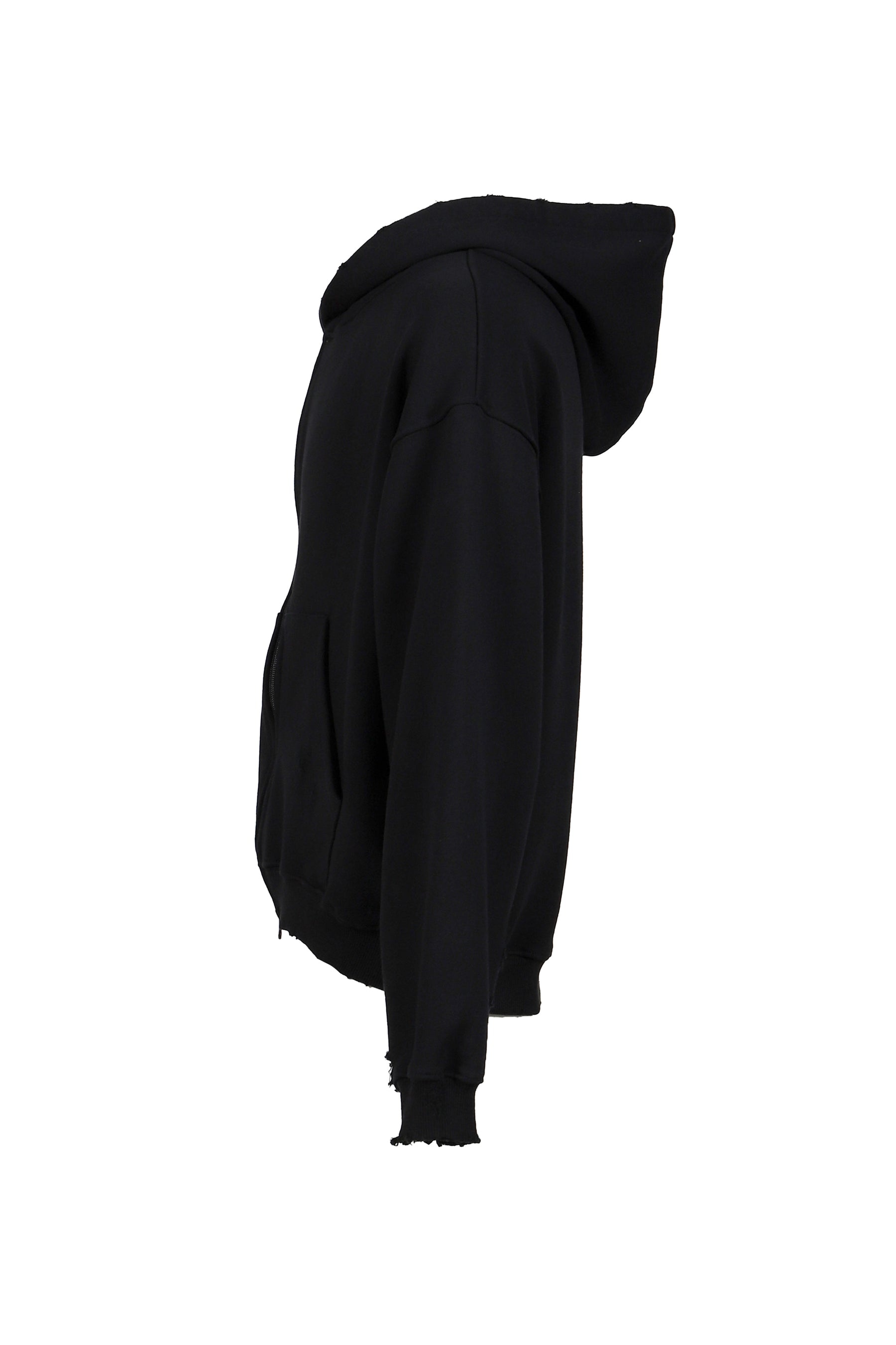 CURVED ZIP-UP ROUND HEM HOODIE DAMAGED / BLK - 3