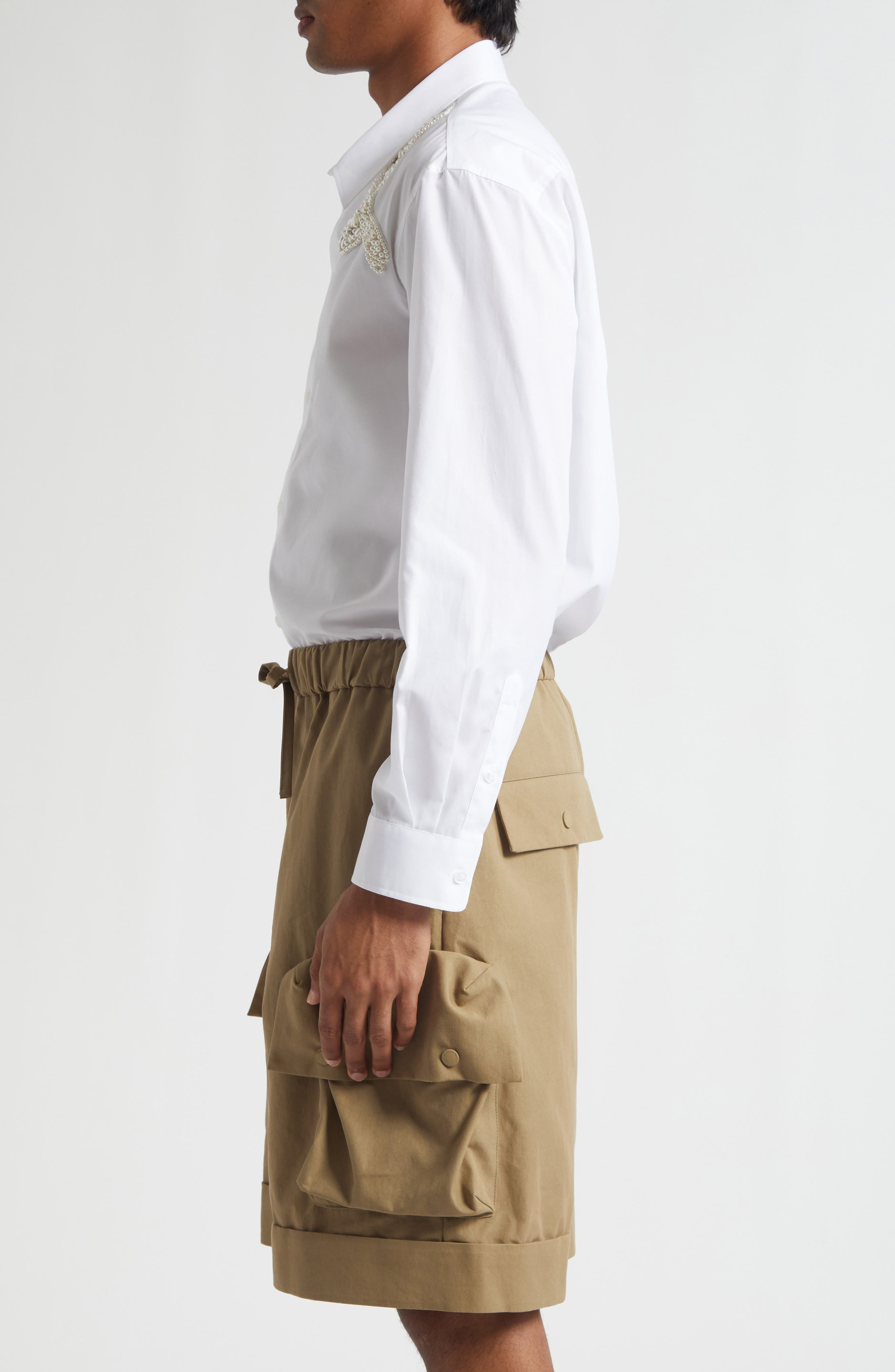 Simone Rocha Embellished Hare Classic Fit Cotton Button-Up Shirt in White/Pearl/Clear at Nordstrom - 4