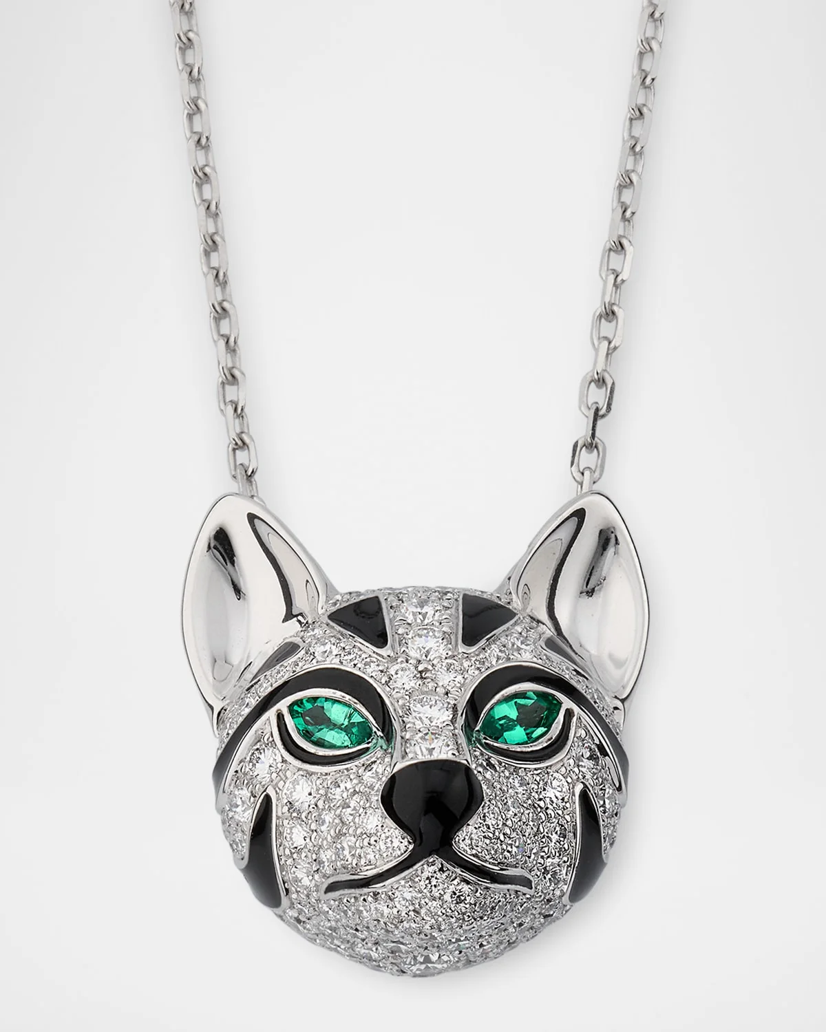 18K White Gold Fuzzy, the Leopard Pendant Necklace with Diamonds and Emeralds - 1