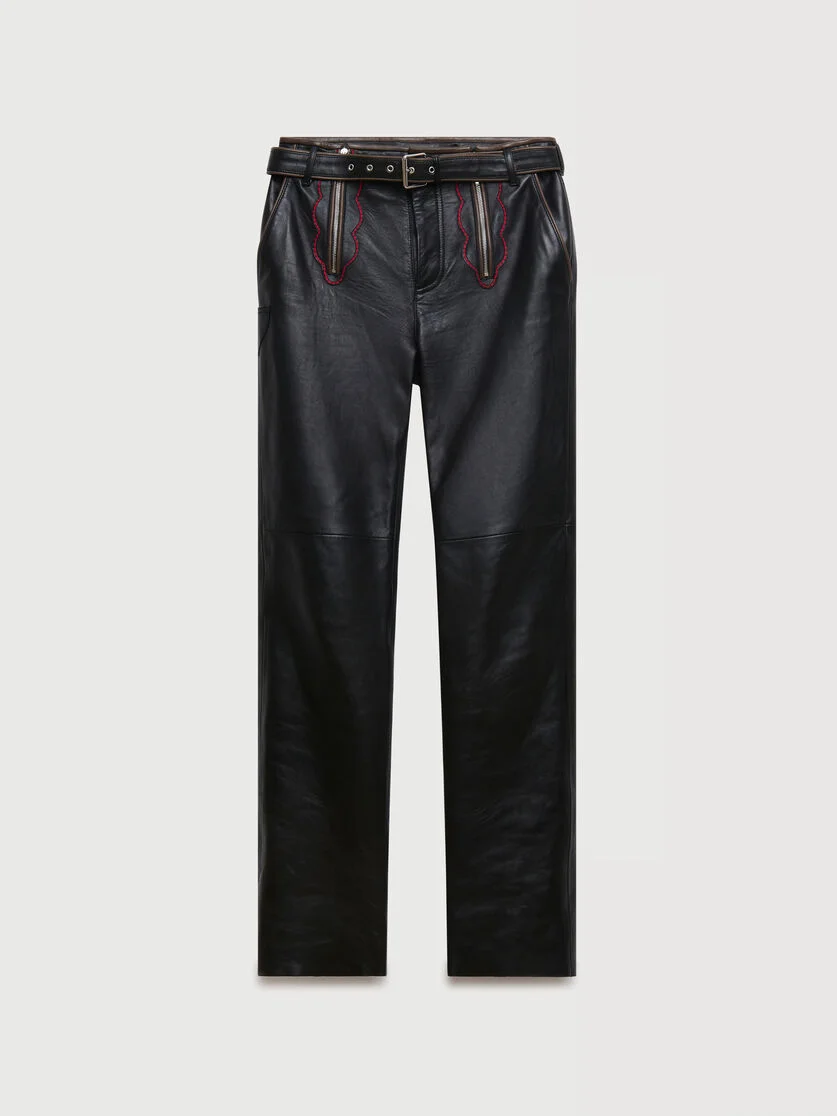 BLACK LEATHER PANTS WITH LEAF EMBROIDERY - 1