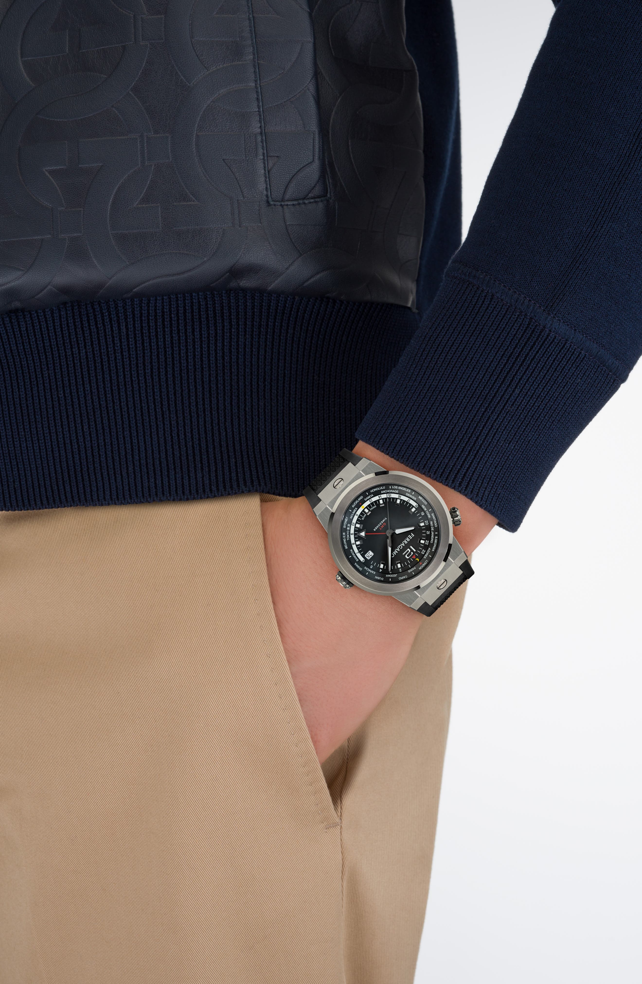 FERRAGAMO F-80 GMT Worldtime Silicone Strap Watch, 43mm in Ip Gunmetal at Nordstrom - 2