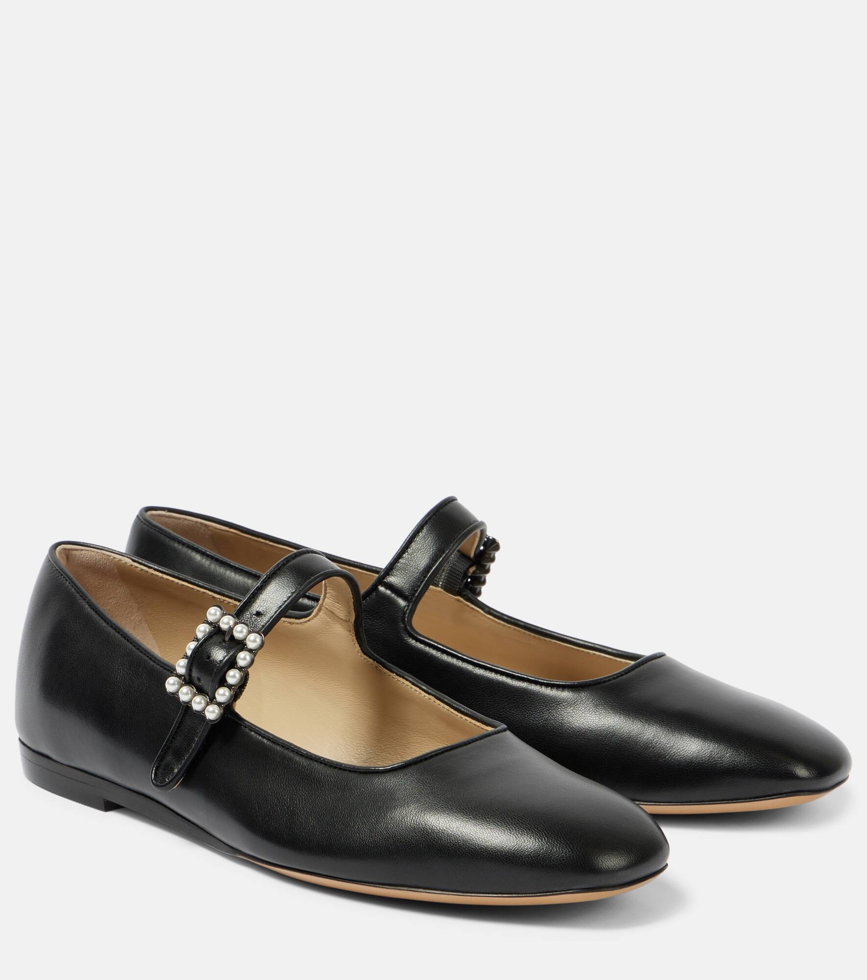 Pearl-embellished leather Mary Jane flats - 1