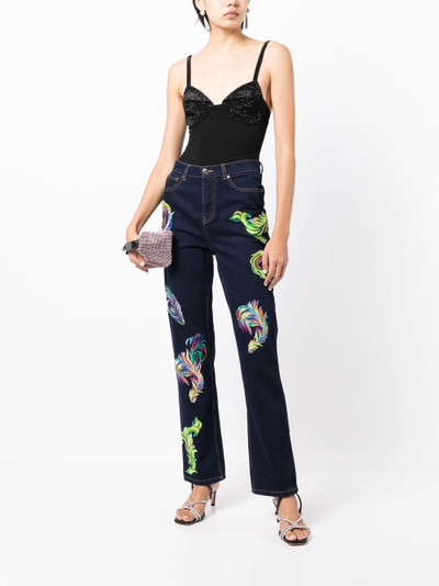 AREA embroidered feather back-slit jeans outlook