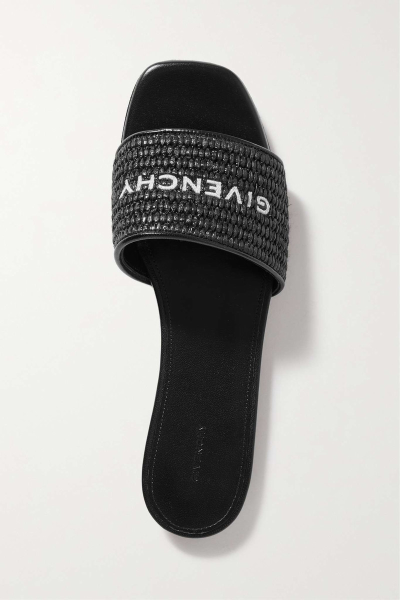4G leather-trimmed embroidered raffia slides 5
