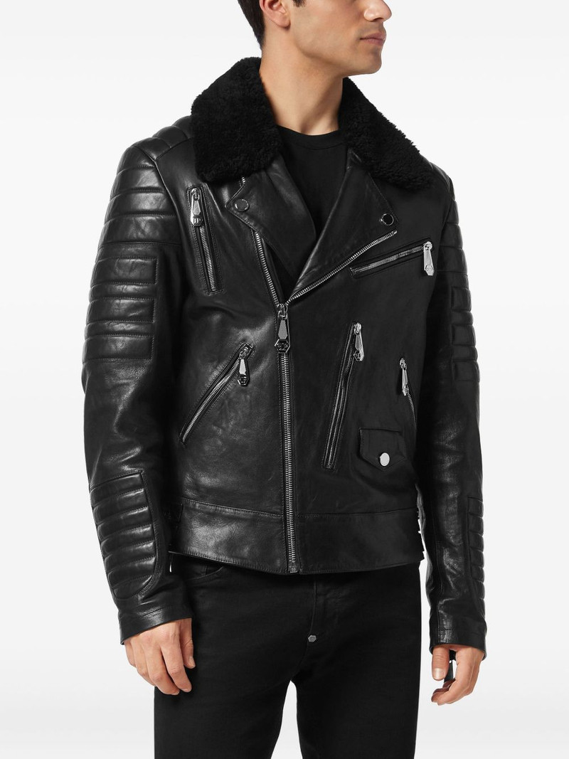 PHILIPP PLEIN shearling-collared biker jacket outlook