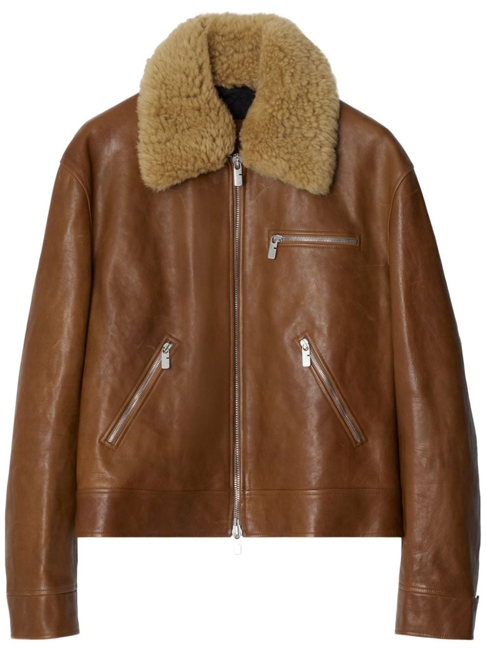 shearling-collar leather jacket - 1