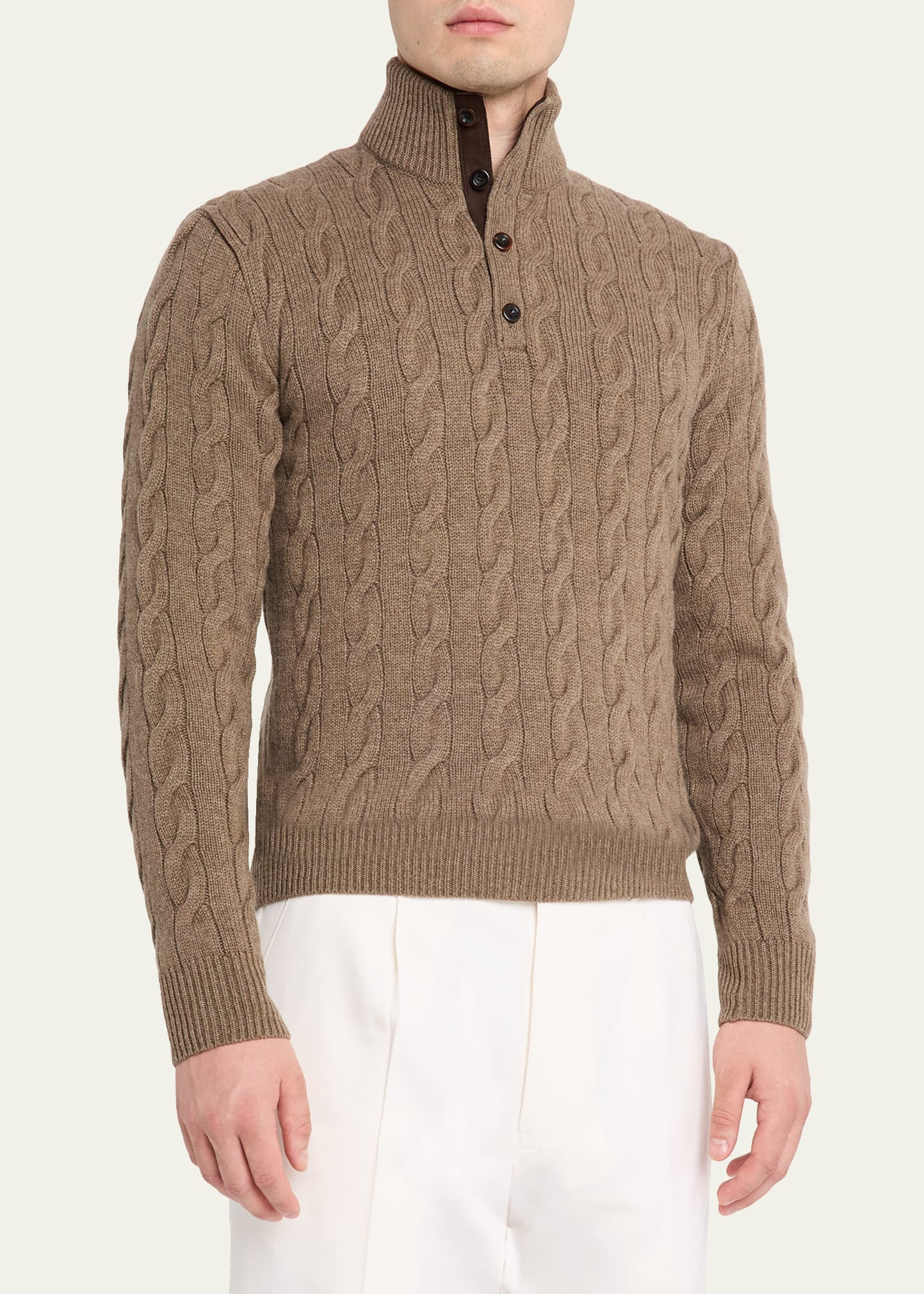 Men's Cashmere Cable Knit Half-Placket Mock Neck Sweater - 4