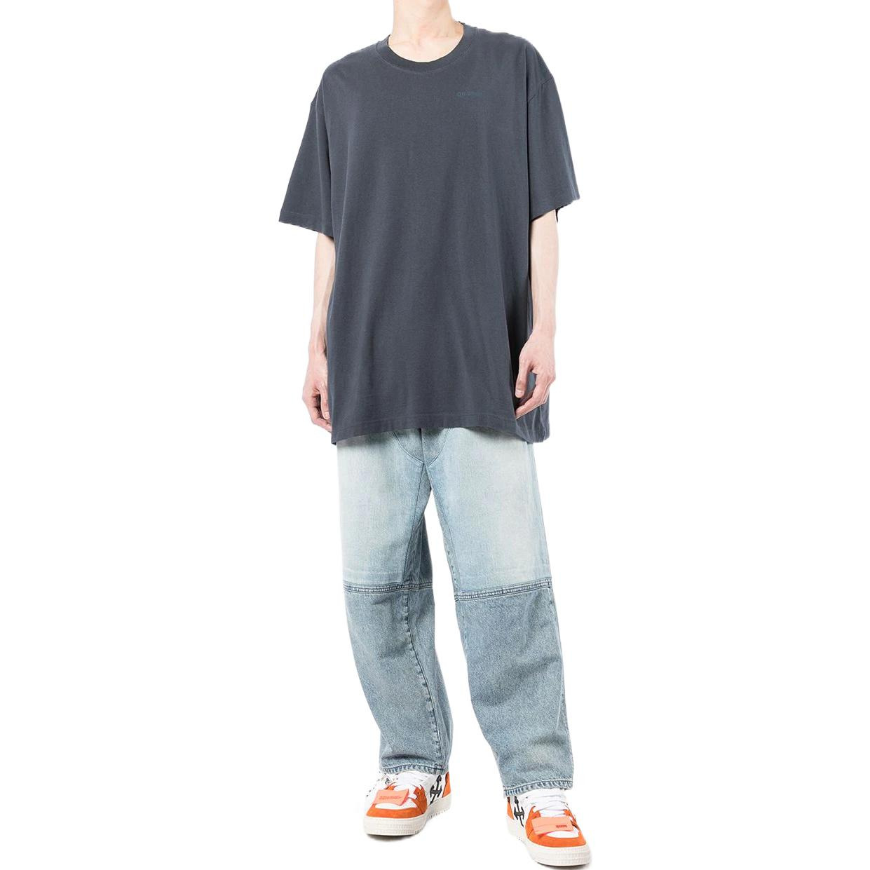 Men's Off-White Stripe Printing Short Sleeve Loose Fit Navy Blue T-Shirt OMAA038S22JER0024646 - 2