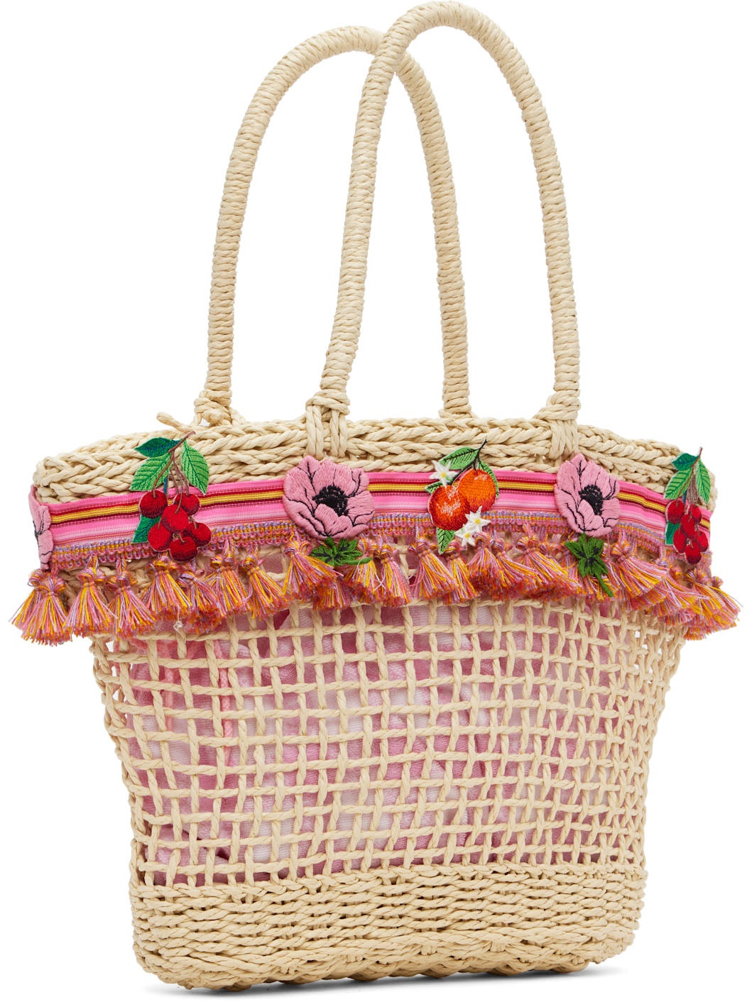 Beige & Pink Raffia Tassel Bag - 2