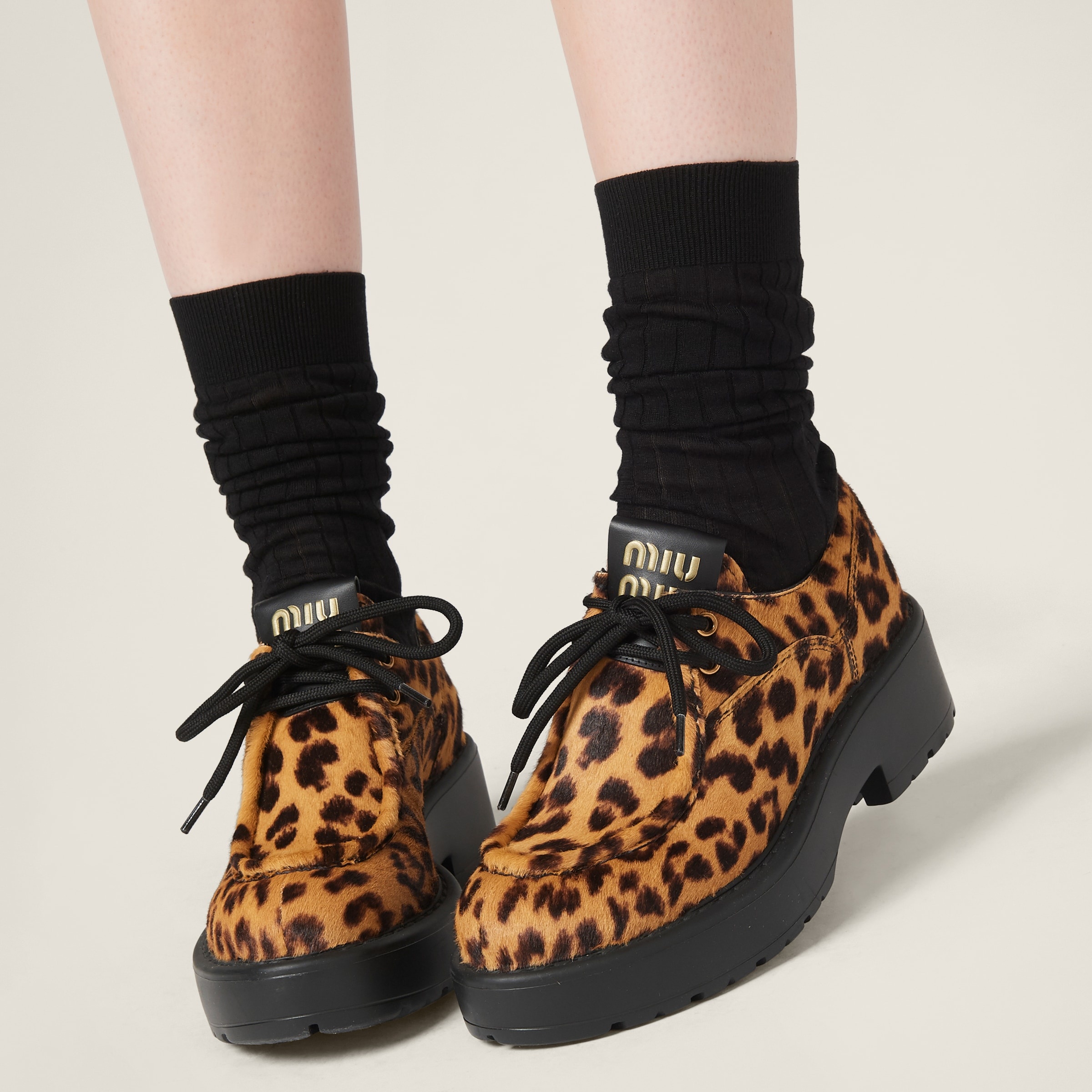 Leopard-print calf hair leather lace-up shoes