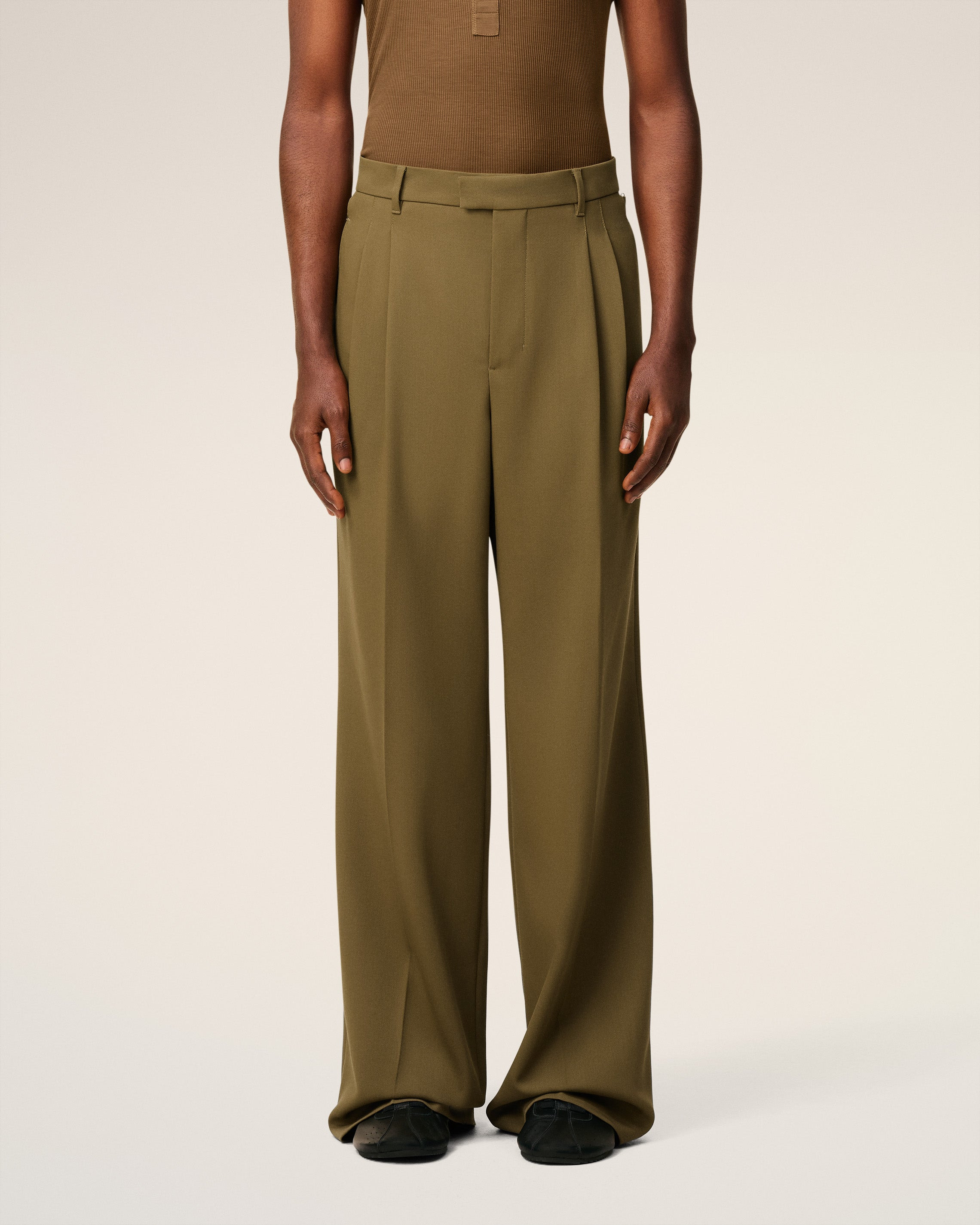 GREEN WOOL LOW WAIST WIDE TROUSERS - 4