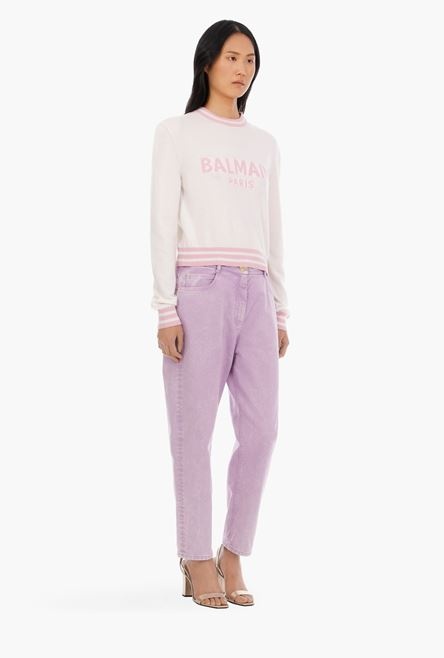 Cropped white wool and cashmere sweater with light pink Balmain logo - 7