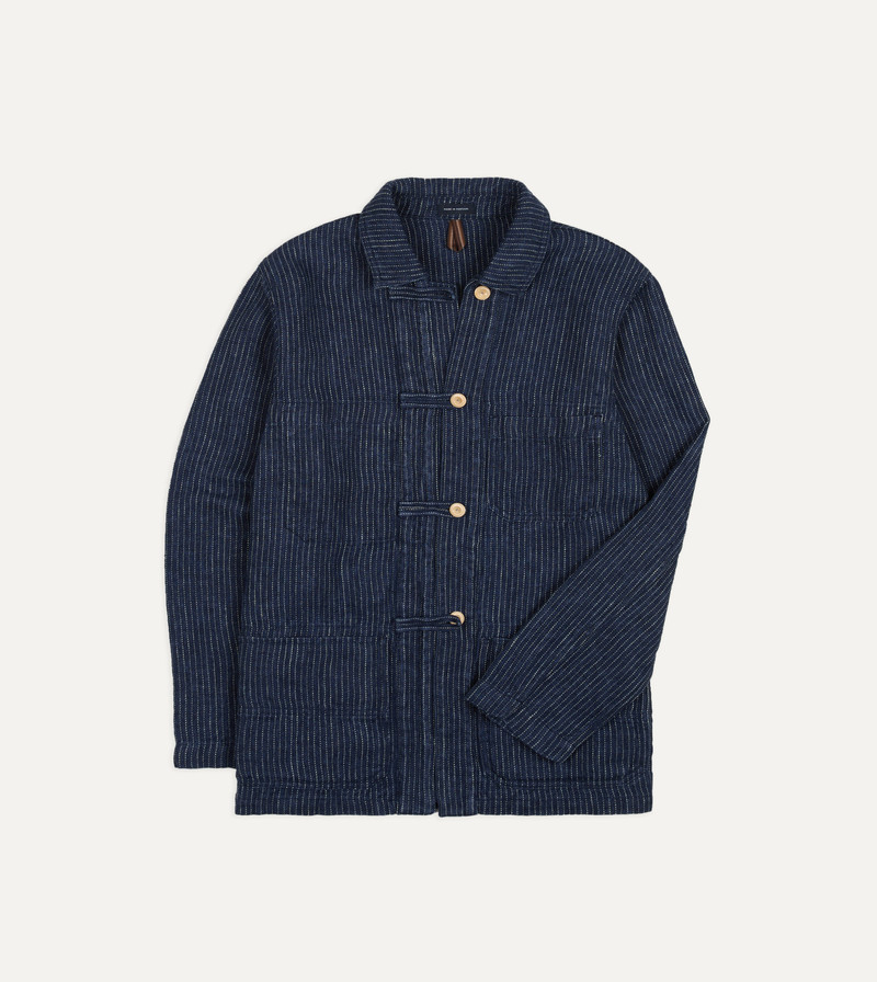 Indigo Stripe Linen Loop Button Chore Jacket - 1