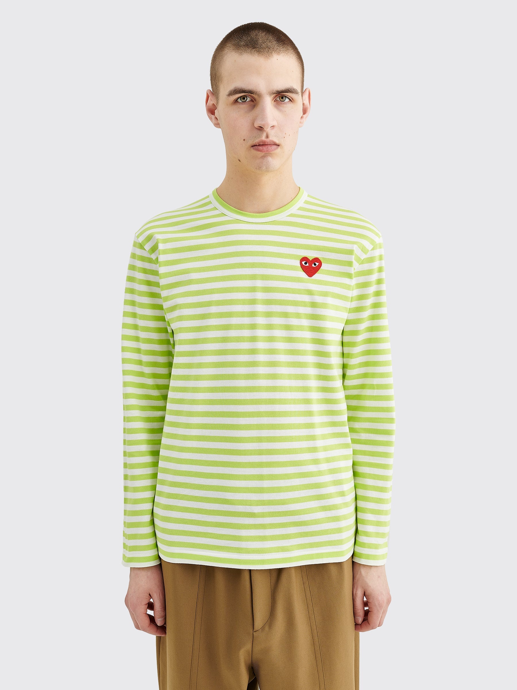 COMME DES GARÇONS PLAY SMALL HEART LS T-SHIRT STRIPE GREEN - 1